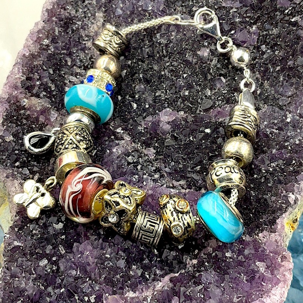 8” Sterling Silver (Signed 925) Bracelet With 15 Sterling Silver Charms
